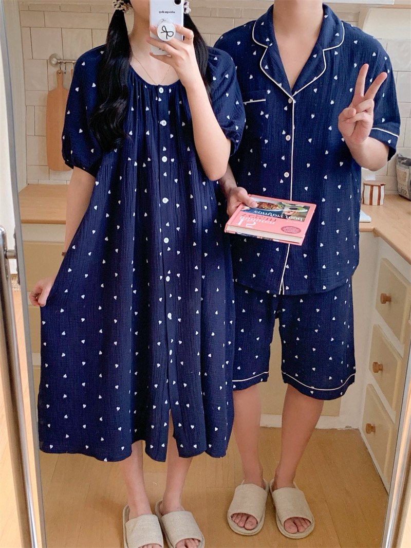 하트 요루면 반팔 커플잠옷 반바지 빅사이즈 임산부 수유 파자마 홈웨어 여름 - 상세 이미지 2