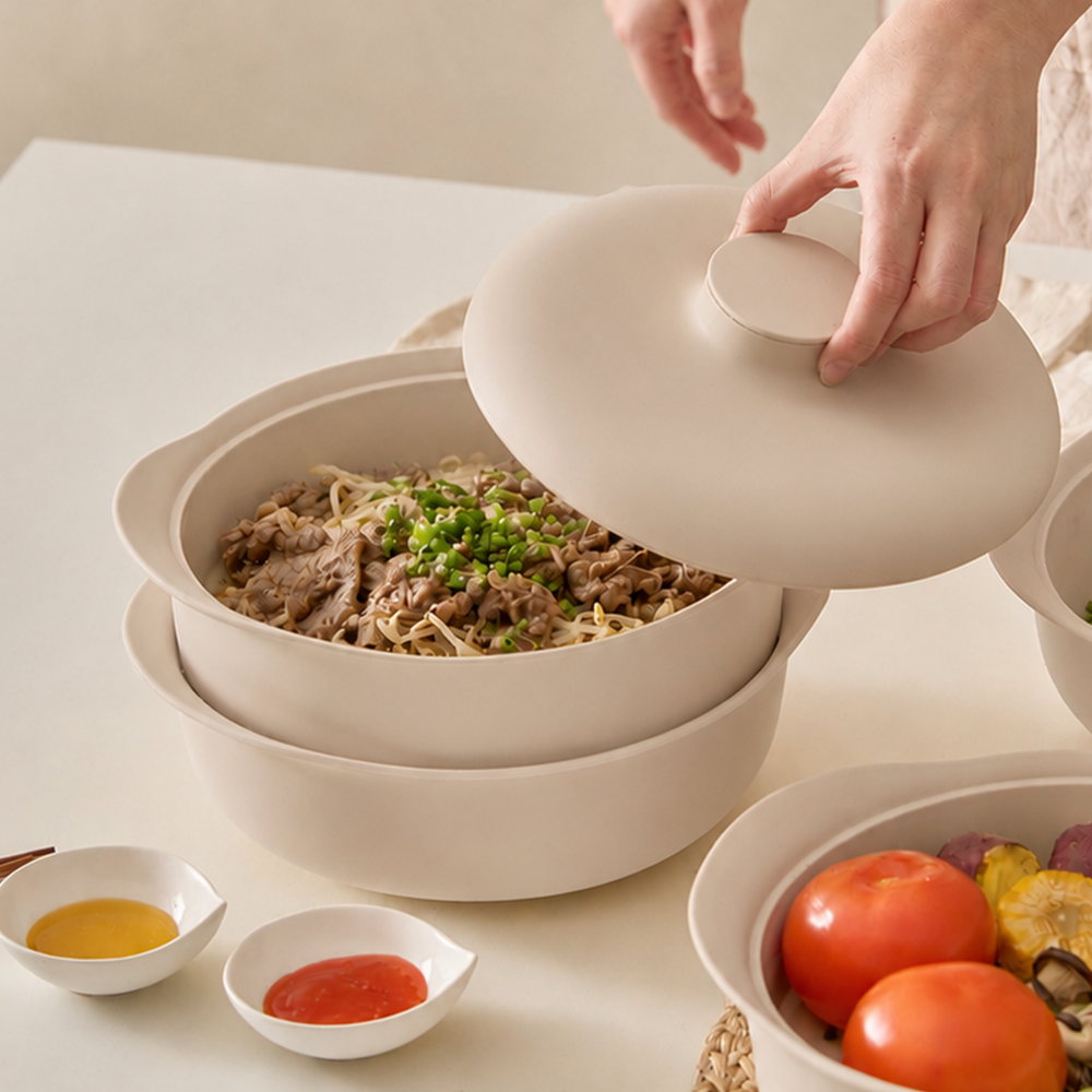 실리프랑 실리콘찜기 2단 전자레인지 야채 만두 찜기 무연마제 모카베이지 +계량스푼 - 상품 이미지