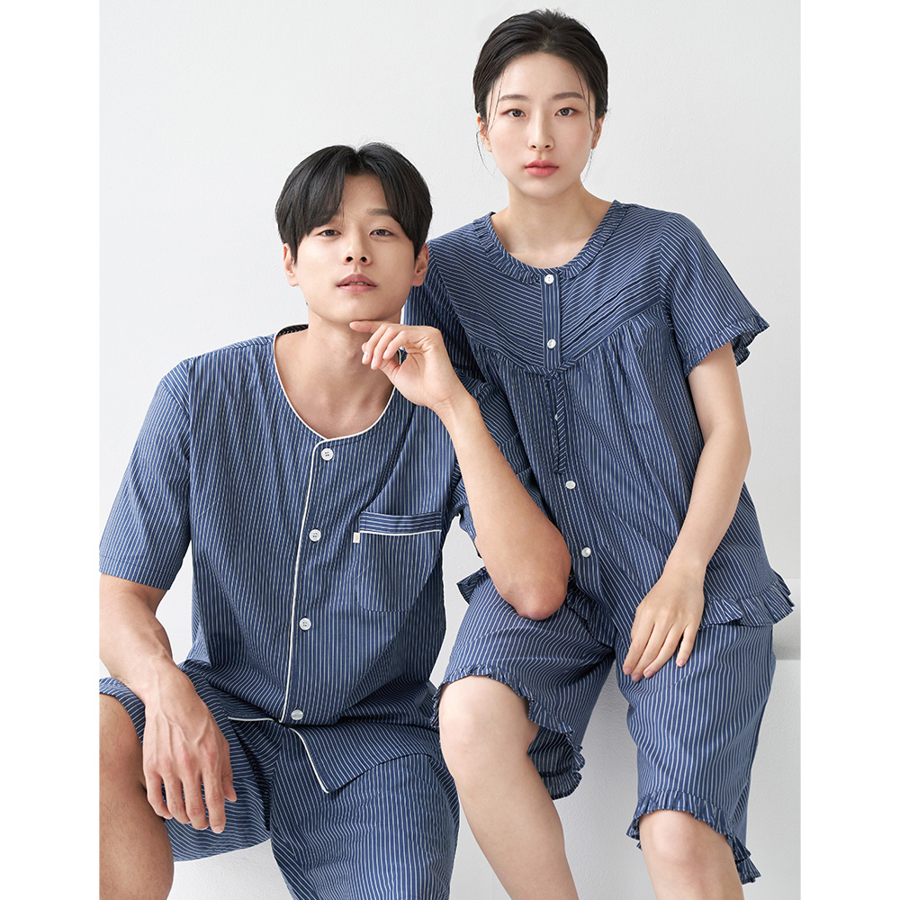 네이비ST 커플 여름 반팔 순면 아사면 잠옷 파자마 홈웨어 세트 - 상세 이미지 2