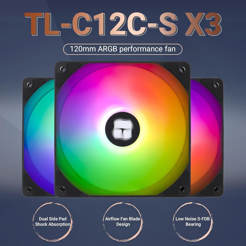 Thermalright TL-C12C-S X3 CPU 팬 120mm ARGB 케이스 쿨러 팬, S-FDB 베어링이 포함된 4핀 PWM 사일런트 컴퓨터, 최대 1550RPM 냉각 - 상세 이미지 3