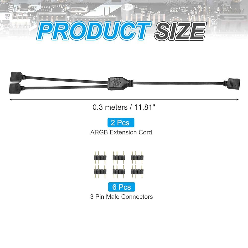 MECCANIXITY 2pcs ARGB 스플리터 케이블, 5V 12인치 3핀 1~2핀 암수 어댑터 PC 컴퓨터 팬/LED 조명용 커넥터 포함, 검정 1 to 2 - 상세 이미지 3