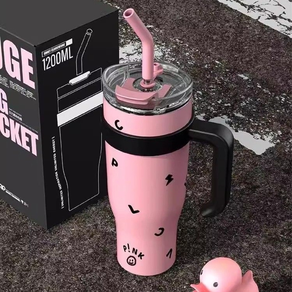 블랙핑크 텀블러 보온 보냉 대용량 1200ml 물병 차량용 머그컵 스테인리스 빨대 블랙핑크 블랙  1200ml - 상세 이미지 2