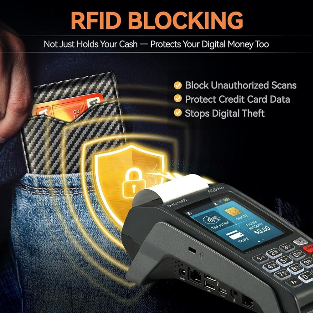 남성용 GSOIAX 슬림 지갑 RFID 차단 가죽 이중 접이식 프론트 포켓 탄소 섬유 신용 카드 홀더 선물 상자 포함 노벨티 지갑(카본 블랙 및 오렌지) 1 Brown - 상세 이미지 3