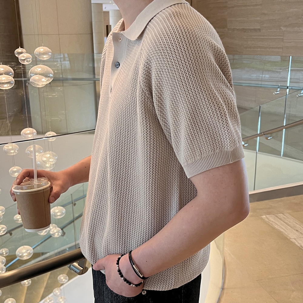 남자 대거 오버핏 여름 스카시 펀칭 린넨 카라 반팔니트 이미지 7