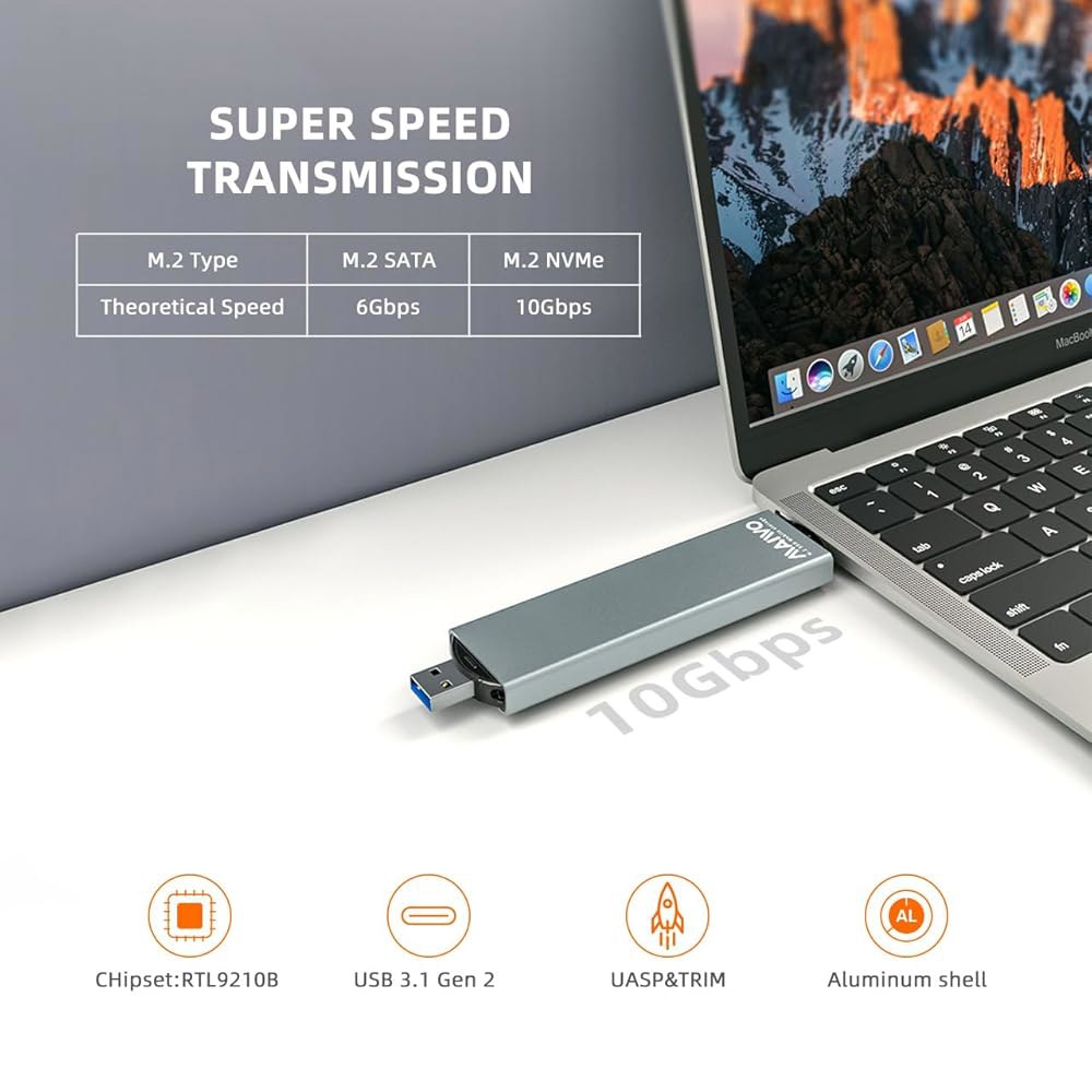 MAIWO M.2 NVMe 및 SATA SSD용 인클로저, 2230/2242/2260/2280 키 크기 또는 B+M 크기용 USB A to C SSD 최대 10Gbps, 4TB - 상세 이미지 2