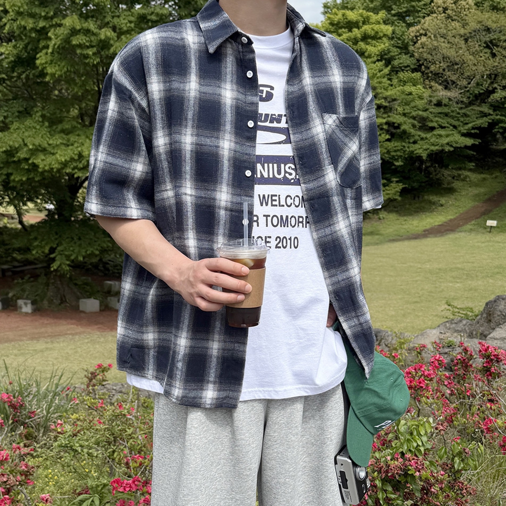 남자 대얼 오버핏 여름 체크 반팔 셔츠 남방 - 상세 이미지 2