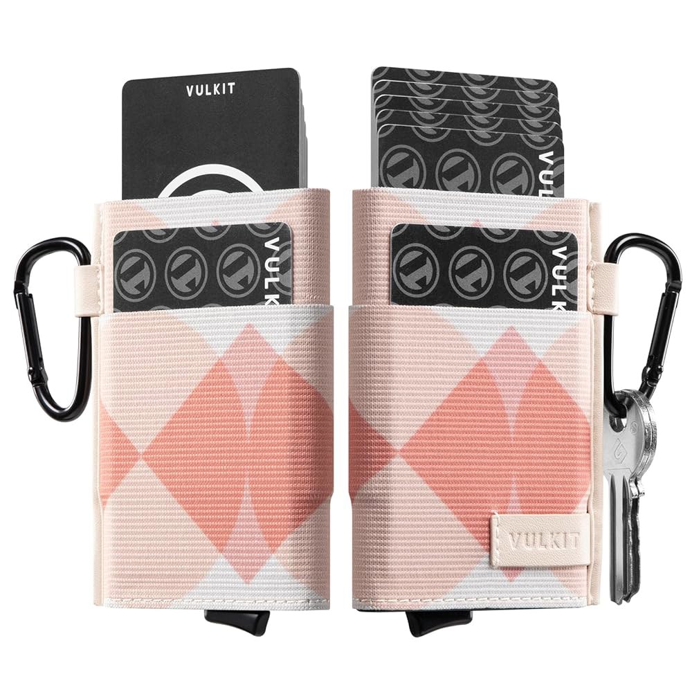 남녀용 VULKIT 슬림 지갑, 열쇠고리와 엘라스틱 포켓이 있는 팝업 신용카드 홀더 금속 케이스 RFID 차단 (롬빅 핑크) Black - 상품 이미지