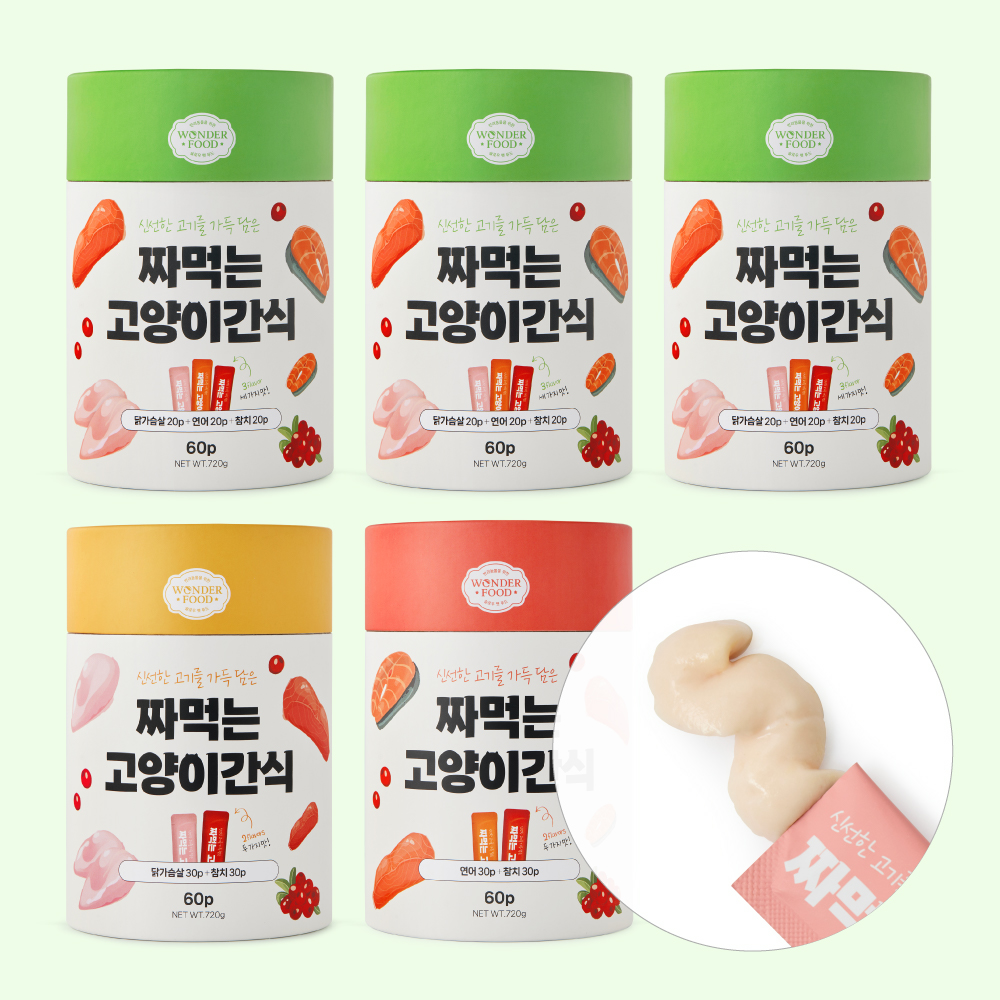 4+1 원더푸드 짜먹는 고양이 간식 츄르타입 닭+연어+참치 60p - 상품 이미지