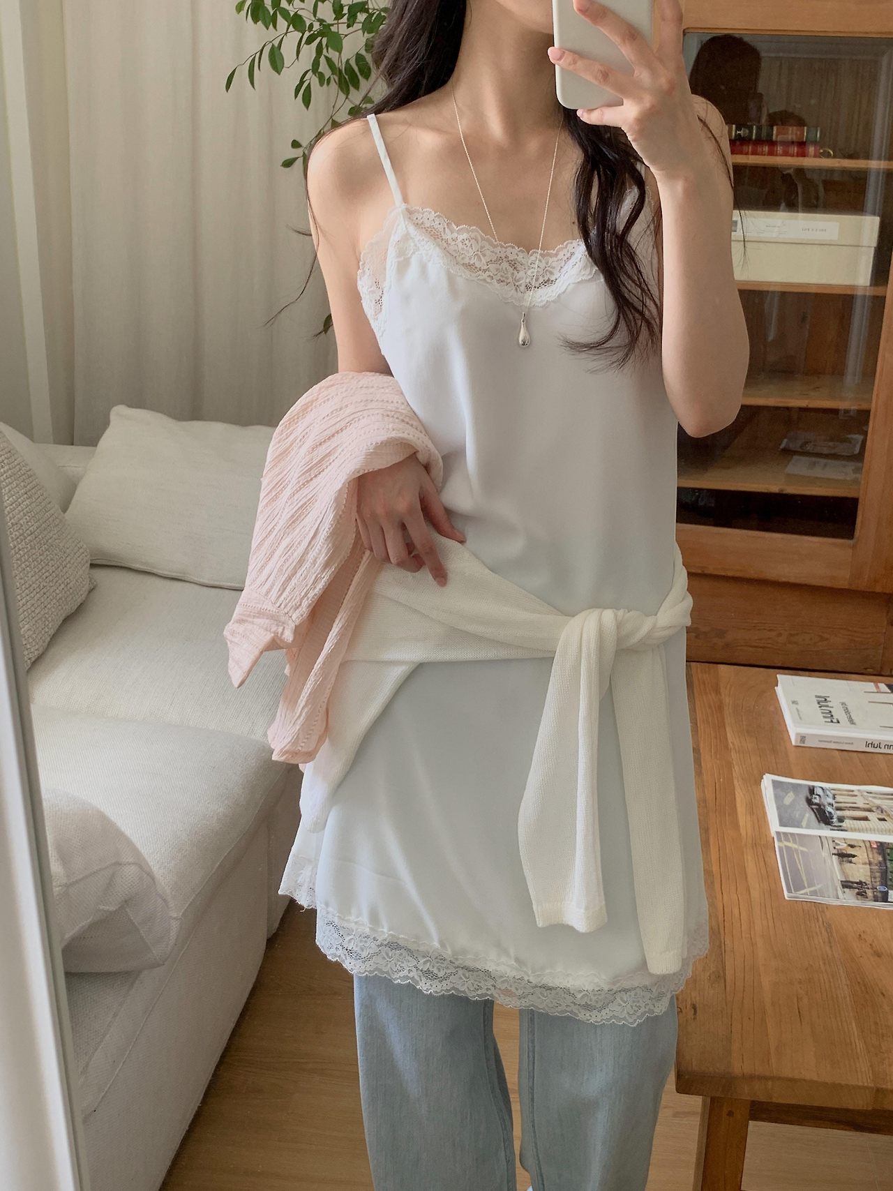 오버무드 여름 레이스 슬립 미니 원피스 레이어드 나시 원피스 - 상품 이미지