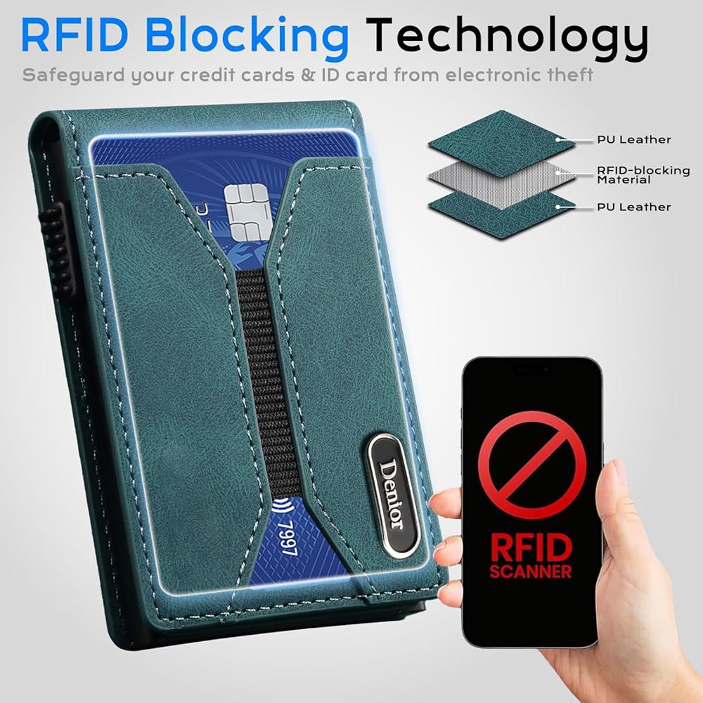 데니어 남성 팝업 신용카드 지갑, 투명 ID 창 RFID 차단 기능이 있는 금속 케이스의 마그네틱 플립, 10-13장의 카드 슬롯 용량 남성용 지갑 선물 (블루) Black - 상세 이미지 3