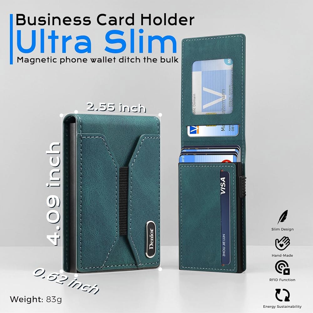 데니어 남성 팝업 신용카드 지갑, 투명 ID 창 RFID 차단 기능이 있는 금속 케이스의 마그네틱 플립, 10-13장의 카드 슬롯 용량 남성용 지갑 선물 (블루) Black - 상세 이미지 2