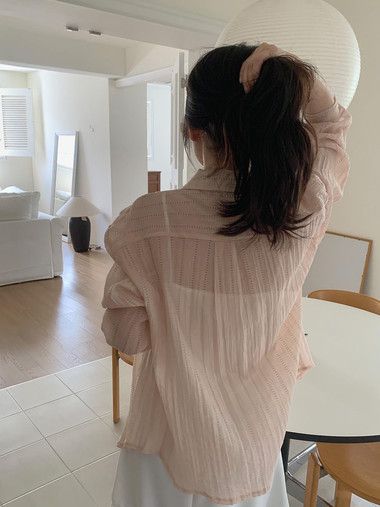 오버무드 여름 살안타템 시스루 펀칭 스트라이프 셔츠 여름 루즈핏 썸머 남방 - 상세 이미지 2