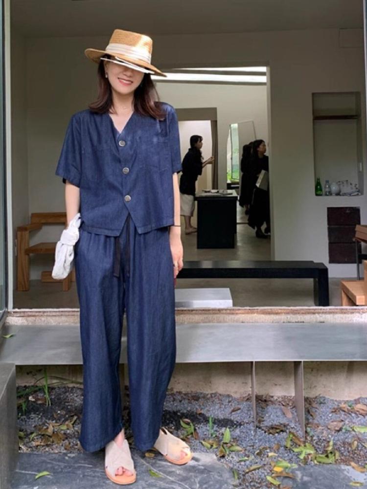 반팔 루즈핏 셋업 블라우스 데님셔츠 퍼프소매 긴팔 오버핏 시스루 린넨 여름 여성 레이스 - 상세 이미지 3