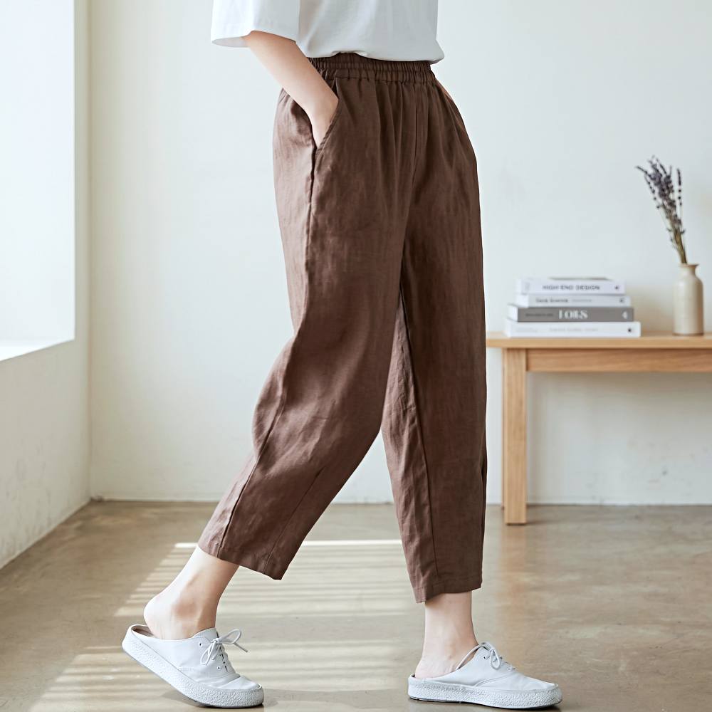 여성 린넨 밴딩 배기팬츠 여름 와이드 9부 바지 - 상세 이미지 2