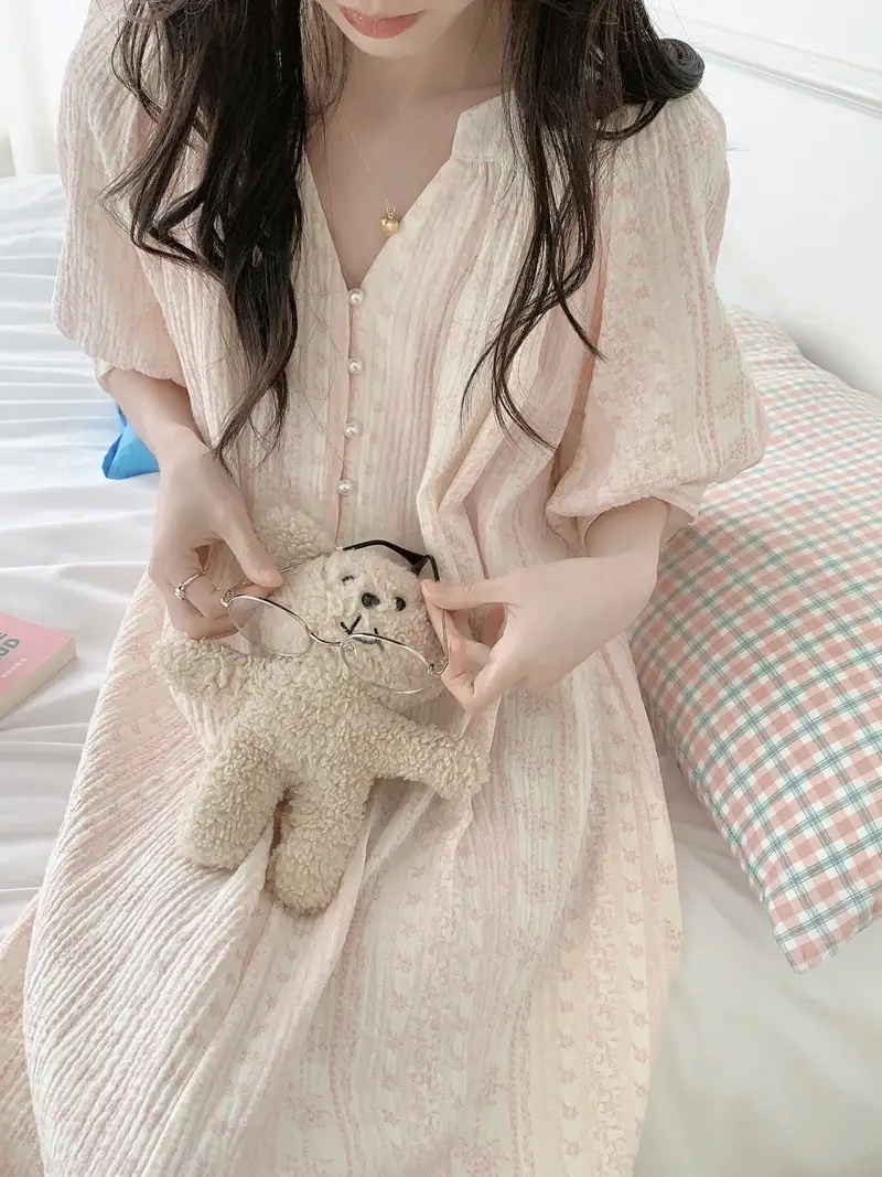 빅사이즈 반팔 원피스잠옷 요루면 임산부 수유 홈웨어 파자마 여름 - 상품 이미지
