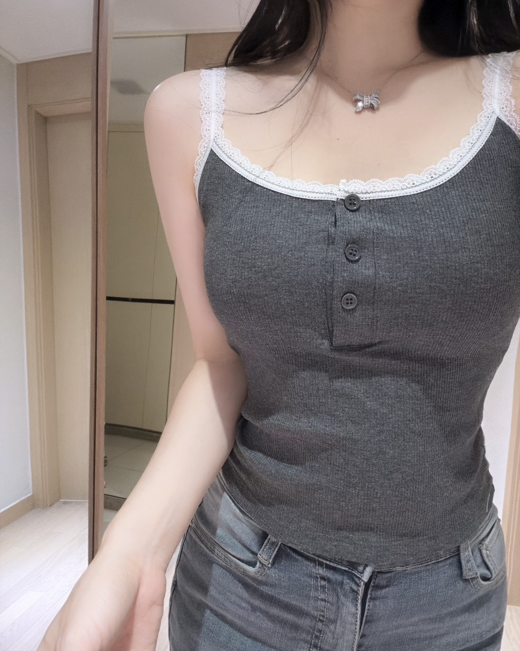 캡 내장 레이스 골지나시 - 상품 이미지