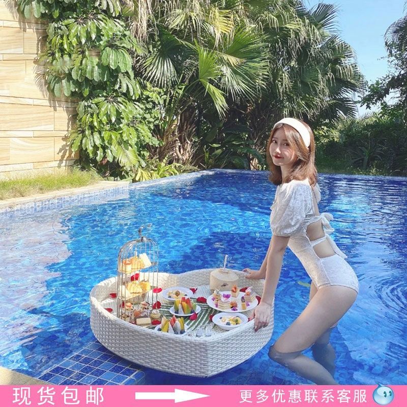라탄 트레이 베트남 호텔 플로팅 바구니 수영장 원형 트레이 60x20 커피색 - 상세 이미지 2