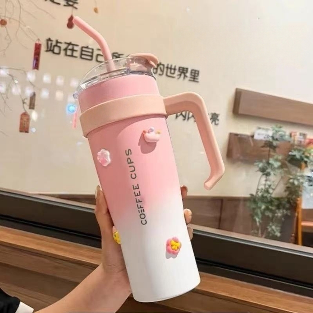 블랙핑크 텀블러 보온 보냉 대용량 1200ml 물병 차량용 머그컵 스테인리스 빨대 블랙핑크 블랙  1200ml - 상세 이미지 4