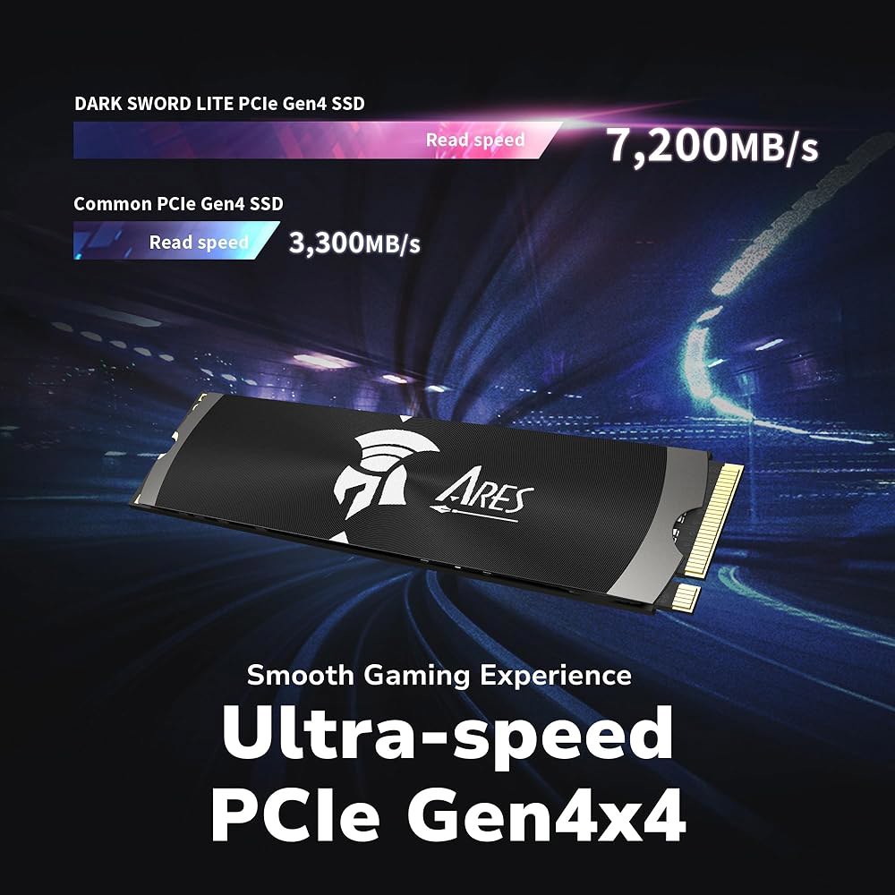 히트싱크 1TB NVMe PCIe 4.0 M.2 2280, 최대 7200 /6850MB /s 고성능 SSD, 게임 제작을 위한 U2013 아레스 다크 소드 라이트 - 상세 이미지 3
