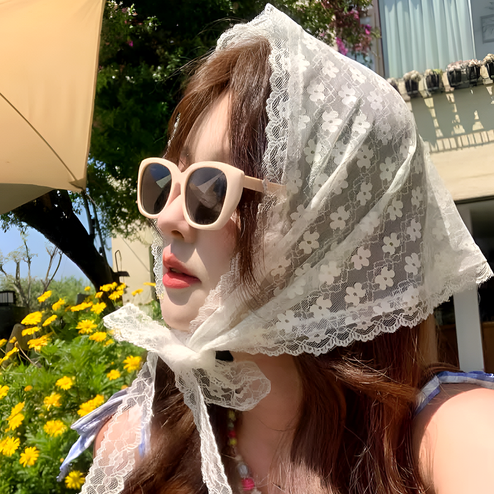 레이스 헤어스카프 뜨개 꽃 헤드 삼각 두건 반다나 빈티지 머리두건 - 상세 이미지 4