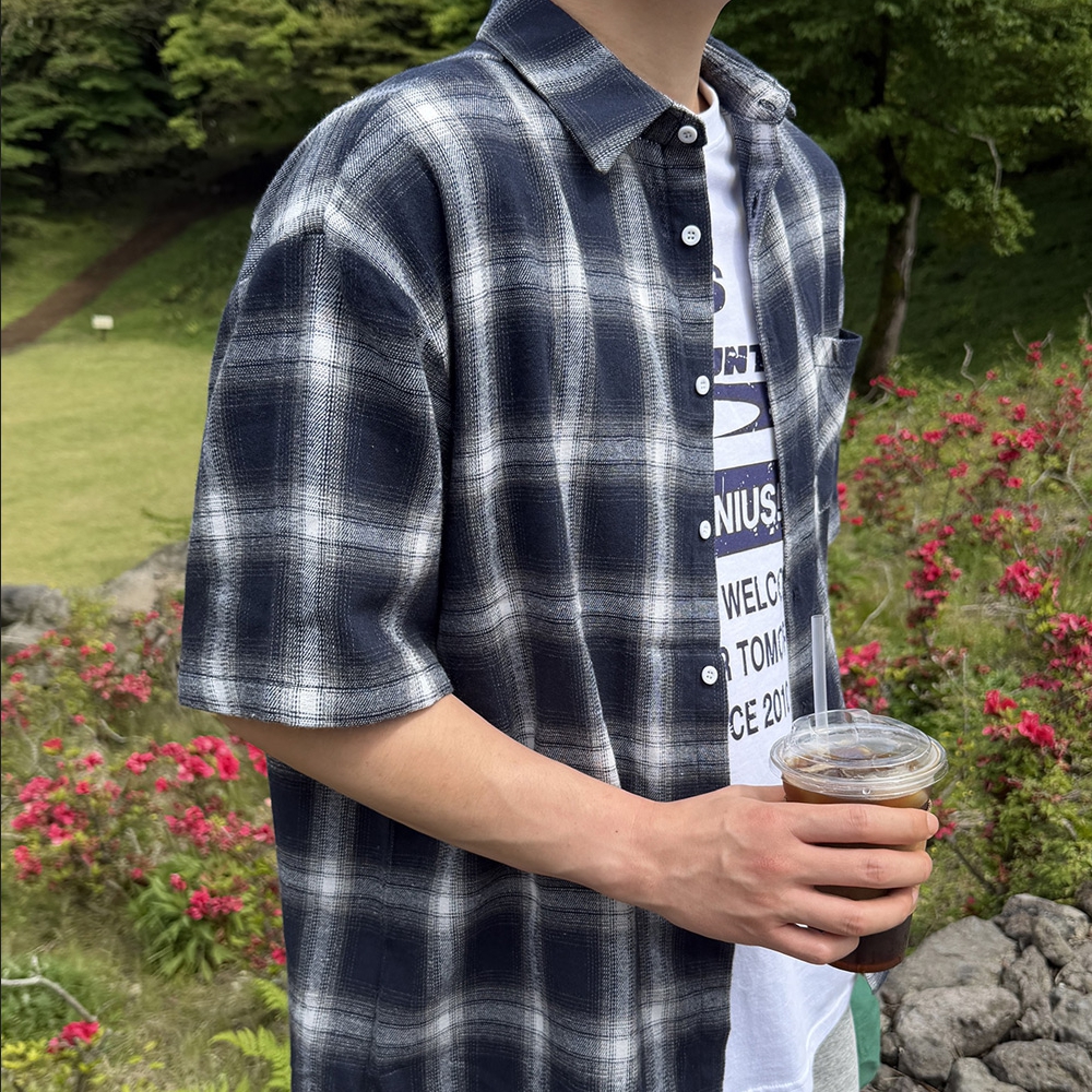 남자 대얼 오버핏 여름 체크 반팔 셔츠 남방 이미지 6