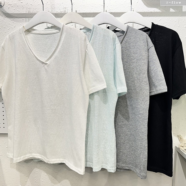 몬치 굴림 브이넥 루즈핏 반팔 티셔츠 4col 봄 여름 이너 4부 이중넥 데일리 제이플로우 이미지 2