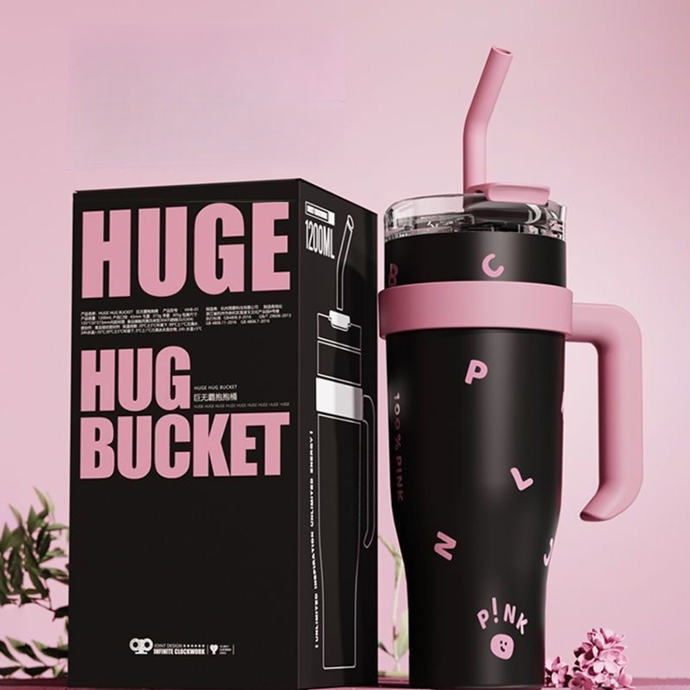 블랙핑크 텀블러 보온 보냉 대용량 1200ml 물병 차량용 머그컵 스테인리스 빨대 블랙핑크 블랙  1200ml - 상품 이미지