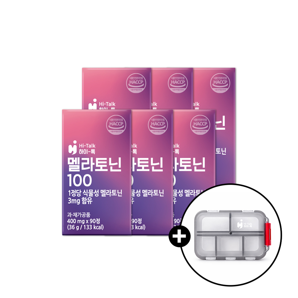 [전용 알약케이스 증정] 하이톡 멜라토닌100 400mg / (90일분) 식물성 수면 불면 개선 90정, 6개 - 상품 이미지