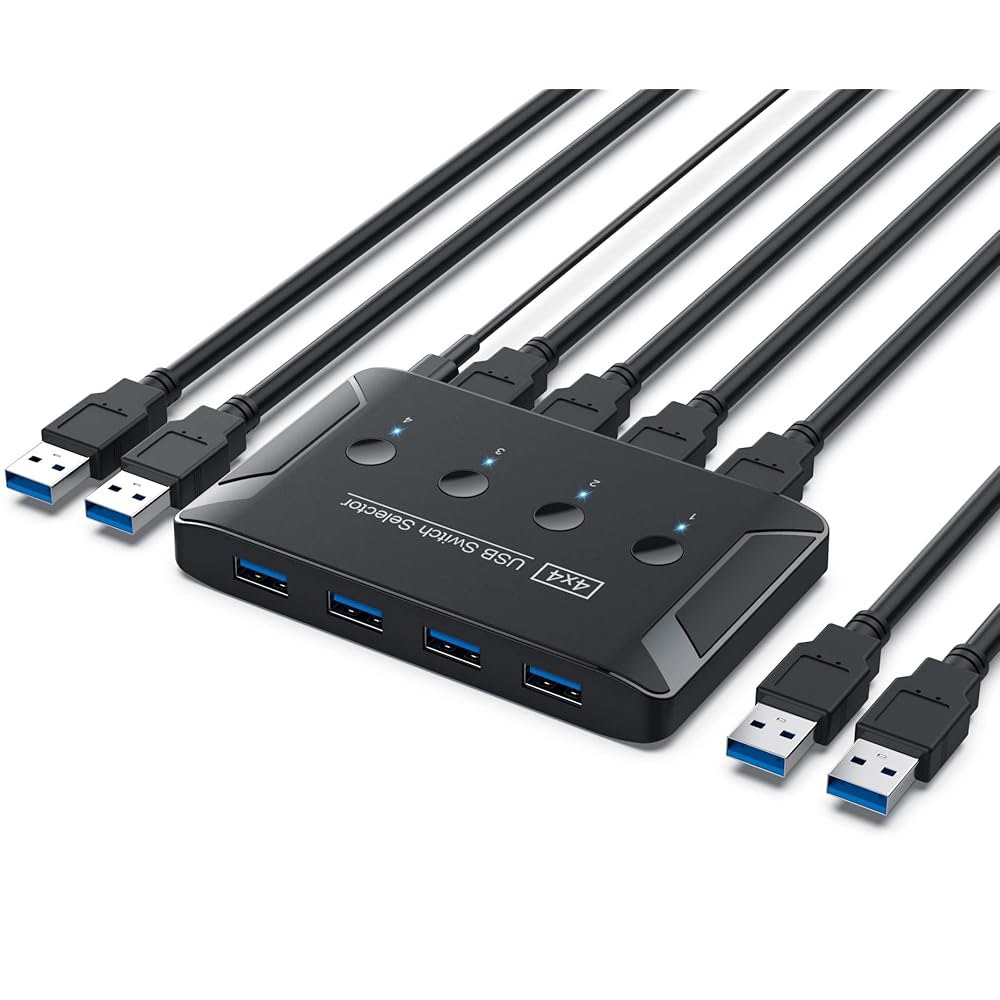 USB 3.0 스위치, 키보드 마우스 프린터 스캐너용 장치 4개를 공유하는 프리미엄 스위처 컴퓨터, Mac /Windows /Linux와 호환되는 주변 박스 - 상품 이미지