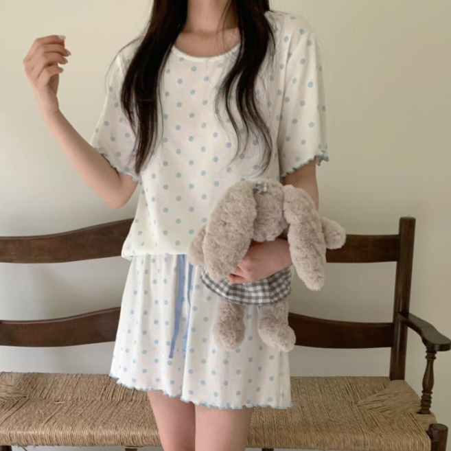 도트 반팔잠옷 반바지 스판 캡내장 노브라 홈웨어 파자마 여름 - 상품 이미지