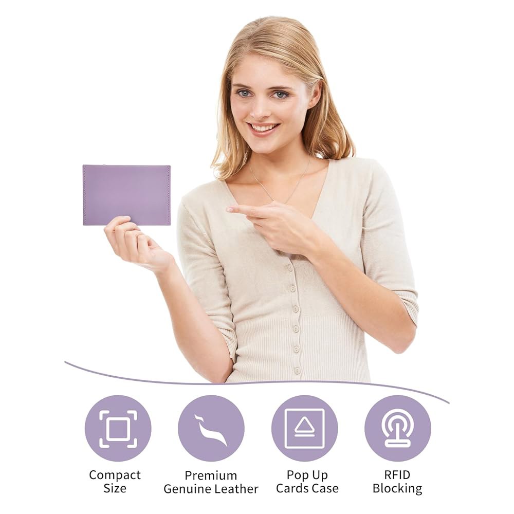 여성 지갑 카드 홀더, 팝업 여성, 탑그레인 소가죽 가죽 케이스, RFID 차단, 슬림, 미니멀리스트, 얇고 작은 사이즈 - 9-12 용량, ID 창, 현금 포켓(라이트 퍼플) - 상세 이미지 3