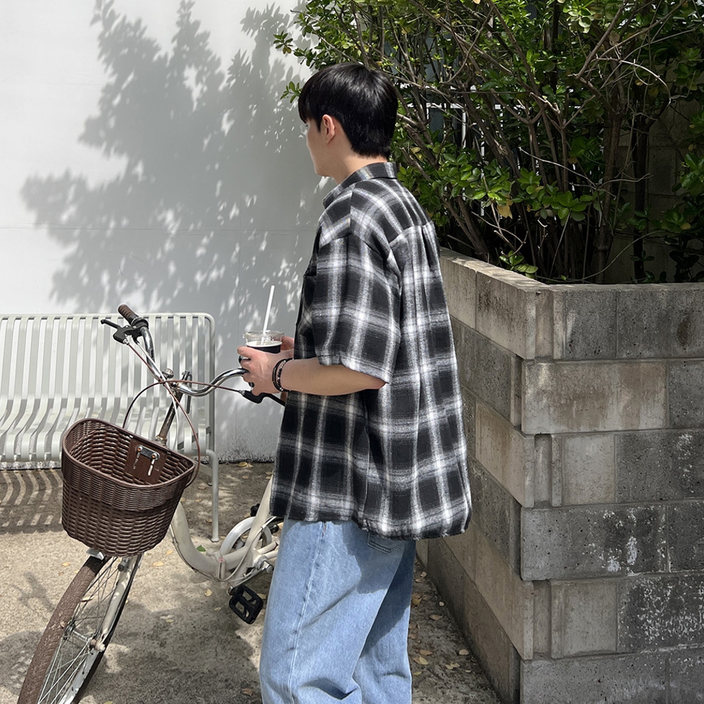 남자 대얼 오버핏 여름 체크 반팔 셔츠 남방 - 상세 이미지 3