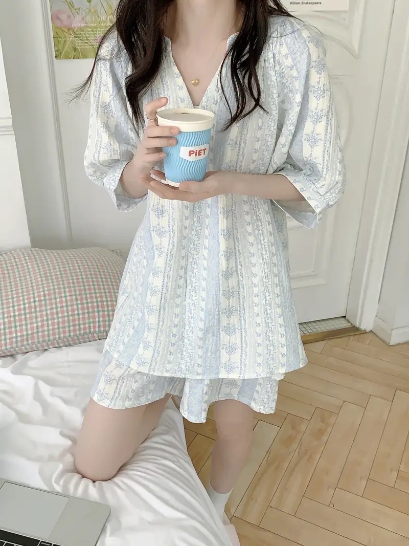 반팔잠옷 빅사이즈 요루면 반바지 수유 임산부 홈웨어 파자마 여름 - 상세 이미지 2
