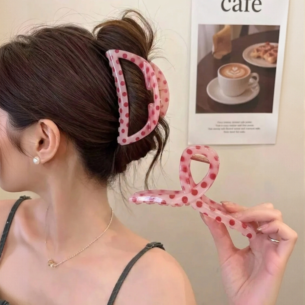 13cm 헤어집게핀 올림머리 긴머리 반묶음 빅사이즈 대형 꼬임 숱많은 머리핀 핑크 도트 - 상품 이미지