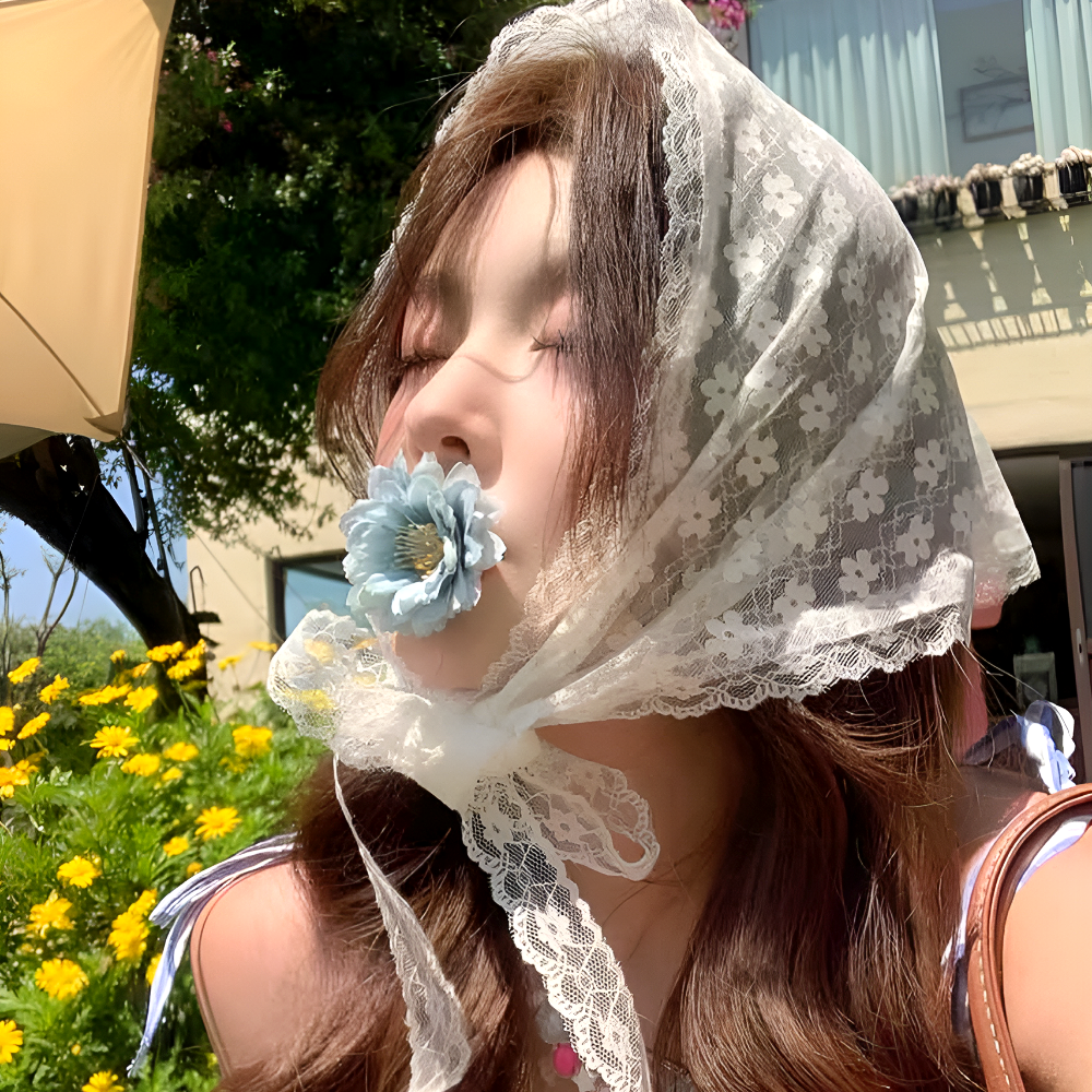 레이스 헤어스카프 뜨개 꽃 헤드 삼각 두건 반다나 빈티지 머리두건 - 상세 이미지 5