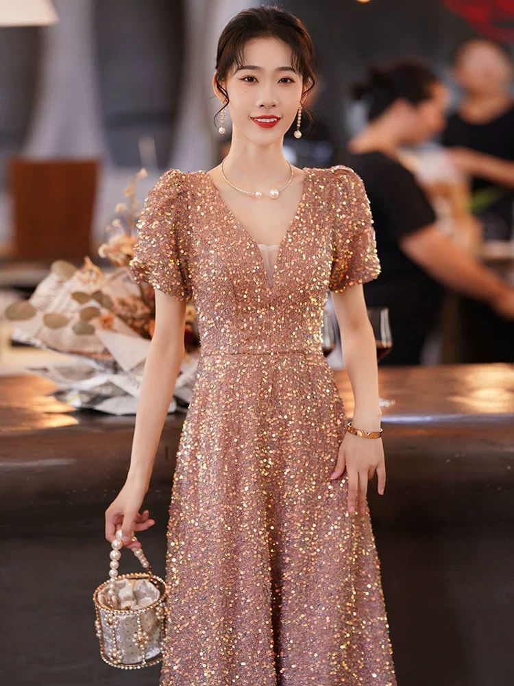 스팽글 드레스 파티 시상식 들러리 반짝이 원피스 피로연 샴페인 롱 XS 40~44.5kg - 상세 이미지 2