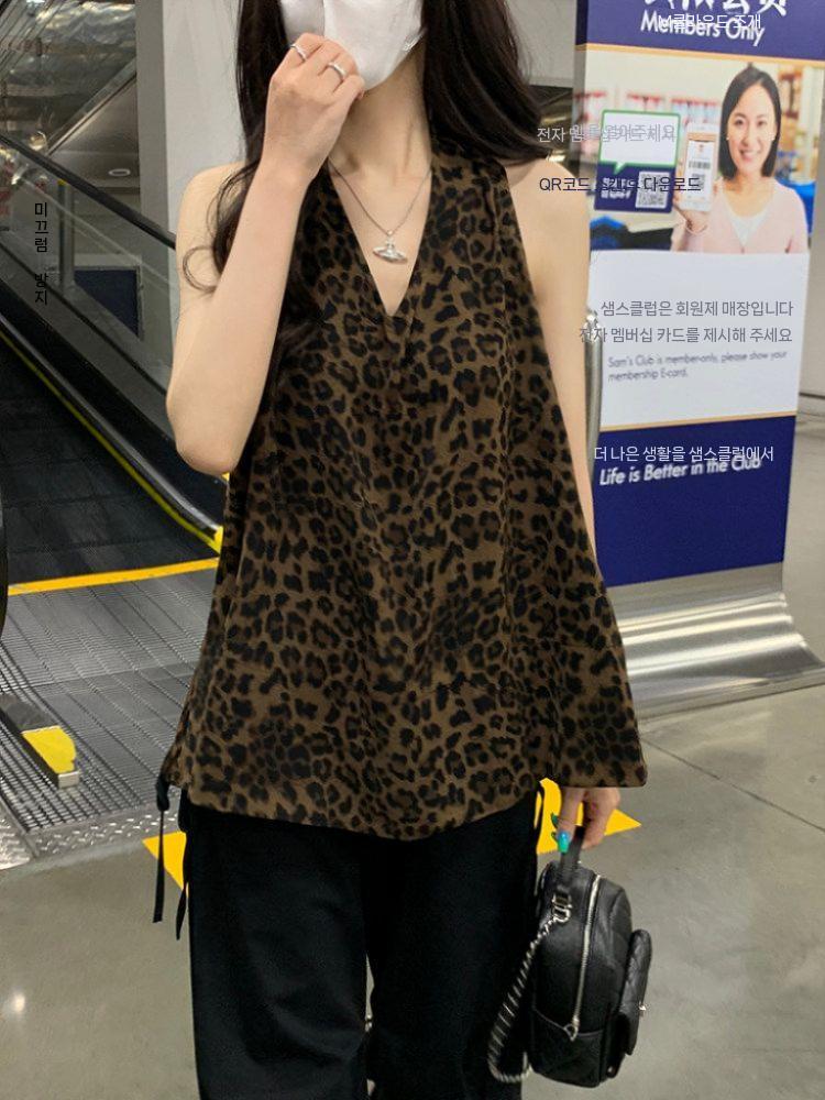 레오파드 홀터넥 브이넥 나시 블라우스 여성 여름 호피 민소매나시 - 상세 이미지 5