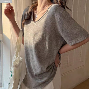 몬치 굴림 브이넥 루즈핏 반팔 티셔츠 4col 봄 여름 이너 4부 이중넥... 착용 후기 | 사이즈/핏 총정리 - 상품 이미지 1