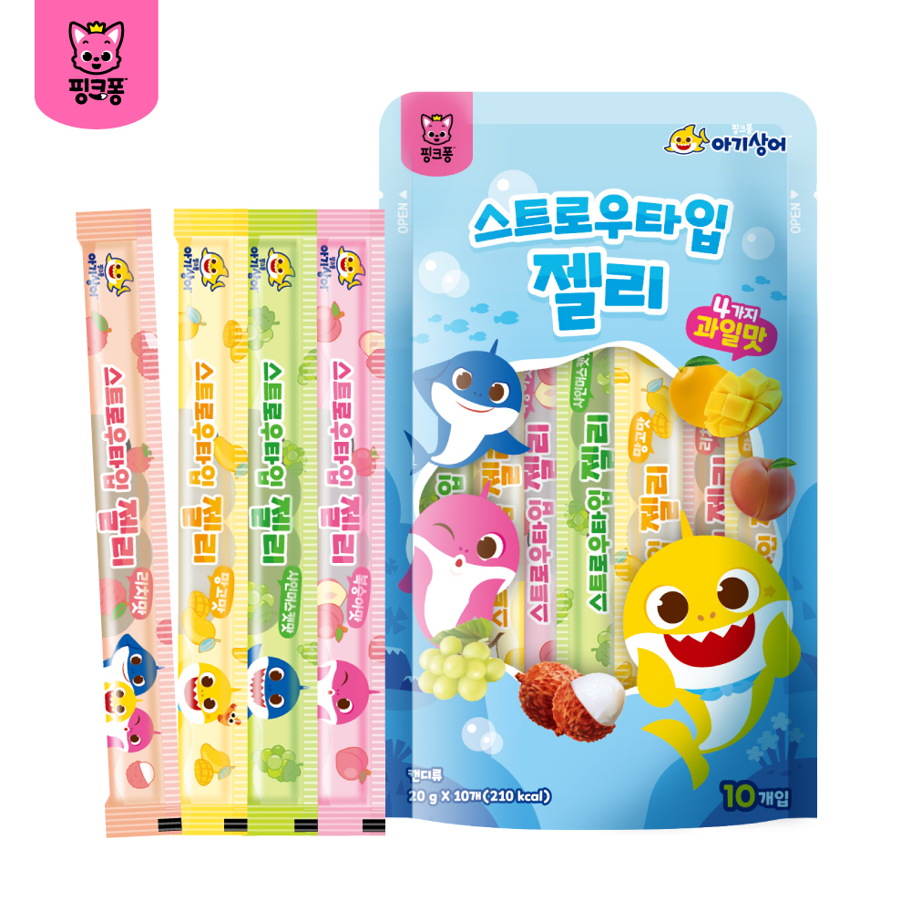 아기상어 젤리 스트로우 식물성젤라틴 50개 100개 4가지맛 유아 아기 키즈 간식 - 상품 이미지
