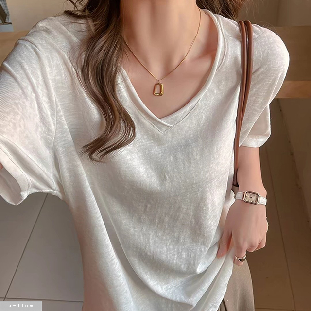 몬치 굴림 브이넥 루즈핏 반팔 티셔츠 4col 봄 여름 이너 4부 이중넥 데일리 제이플로우 이미지 4