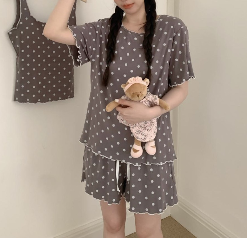 도트 반팔잠옷 반바지 스판 캡내장 노브라 홈웨어 파자마 여름 - 상세 이미지 3