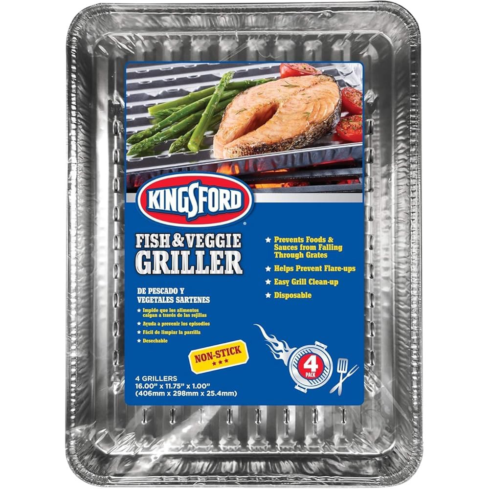 킹스포드 피쉬 앤 베지 그릴 라이너, BBQ용 논스틱 알루미늄 팬, 식품이 격자를 통과하지 않도록 도와주는 일회용 열 안전 액세서리, 16피트 x 11.75인치, 4개의 개수 - 상품 이미지