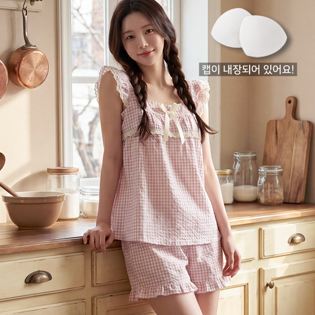 [M~XL] 체크 러플 캡내장 파자마 세트 여름잠옷 이미지 6