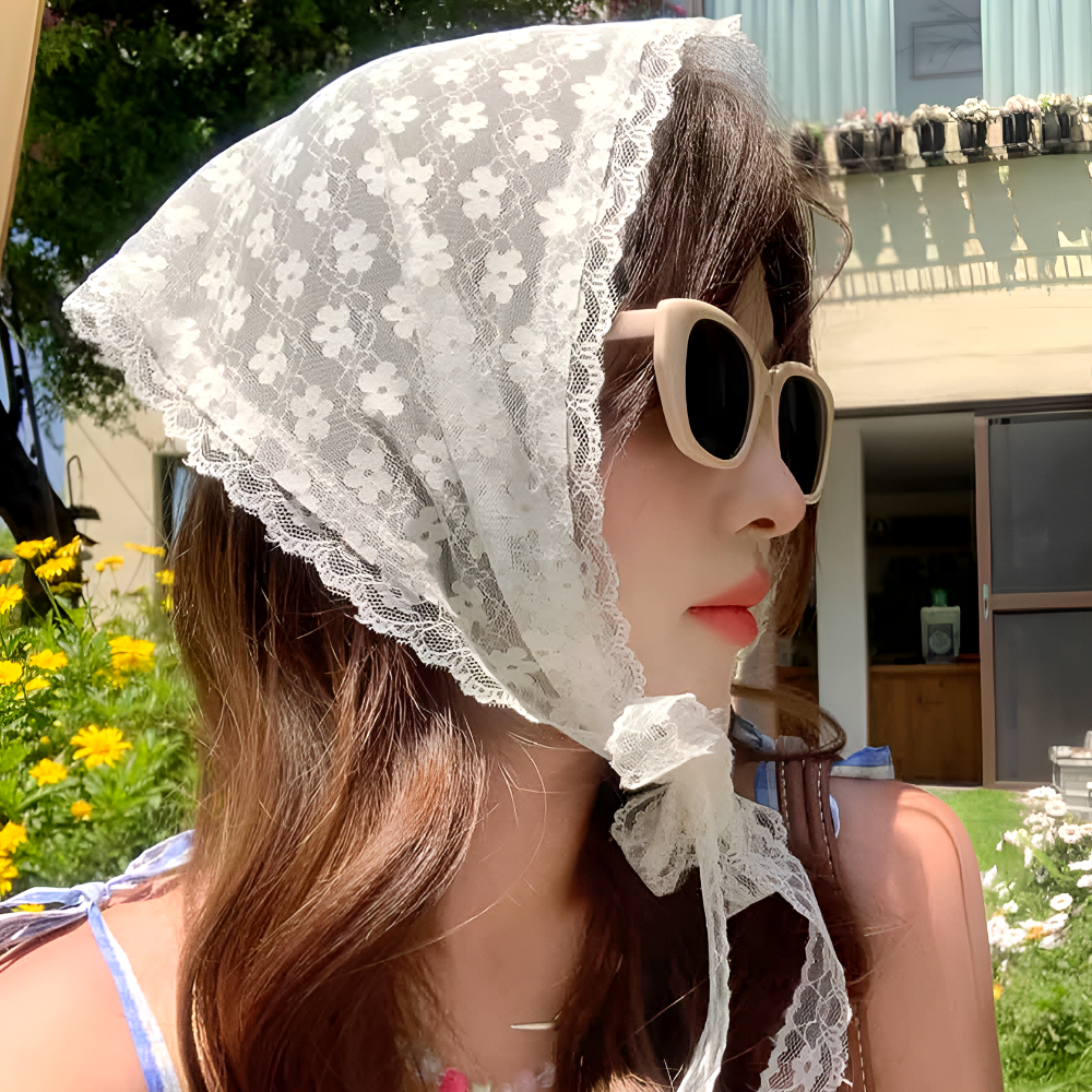 레이스 헤어스카프 뜨개 꽃 헤드 삼각 두건 반다나 빈티지 머리두건 - 상세 이미지 3