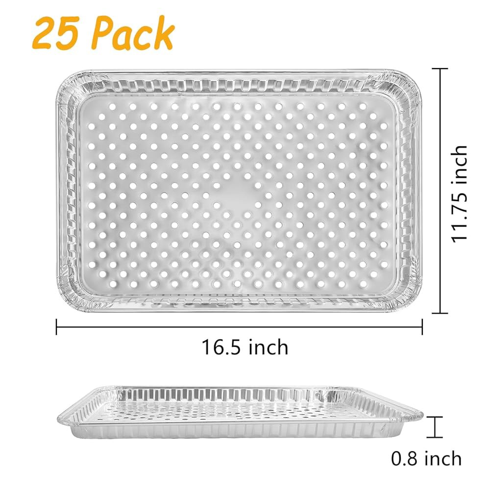 Frcctre 25팩 일회용 알루미늄 그릴 팬, 16 x 12인치 대형 브로일러 팬 호일 트레이 토퍼 시트 야외 요리 및 캠핑을 위한 구멍, 바비큐 - 상세 이미지 3