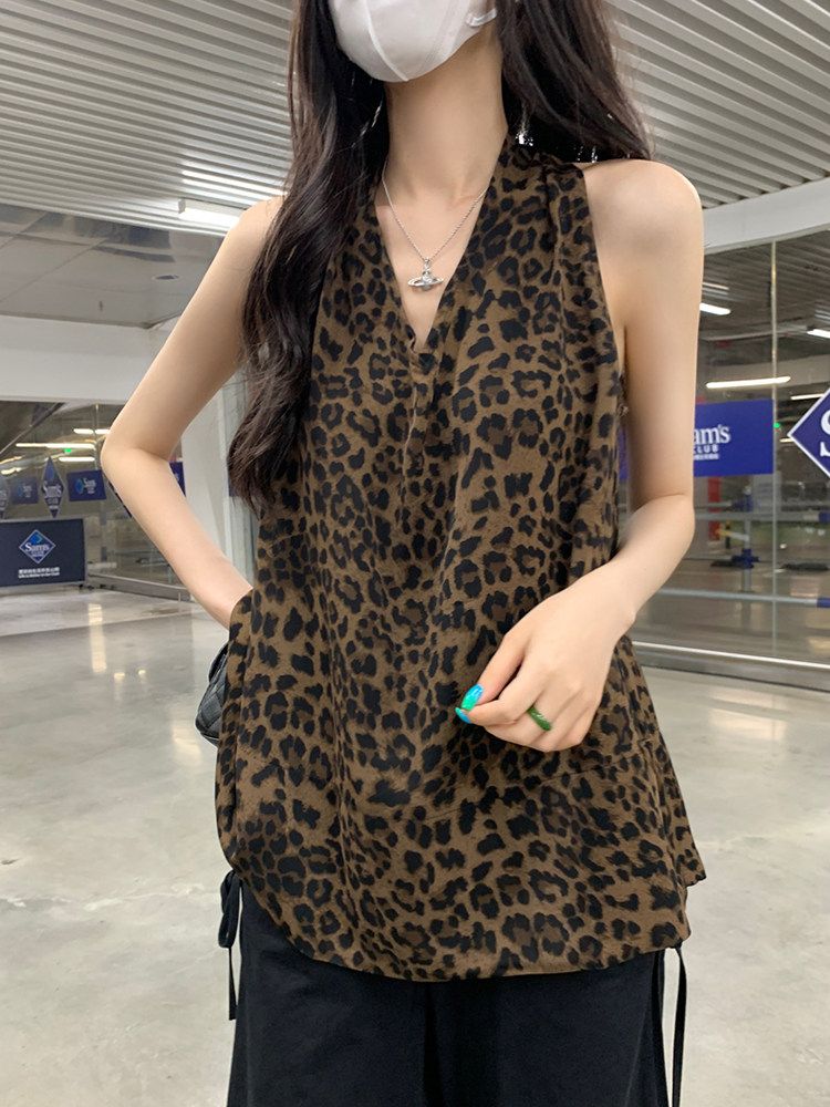 레오파드 홀터넥 브이넥 나시 블라우스 여성 여름 호피 민소매나시 - 상세 이미지 2