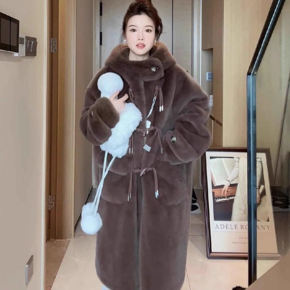 에코퍼 루즈핏 떡볶이 아우터 롱코트 뽀글이 빅사이즈 오버핏 모직 겨울 여성 여자 캐주얼 - 상품 이미지