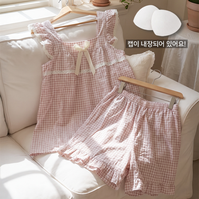 [M~XL] 체크 러플 캡내장 파자마 세트 여름잠옷 - 상세 이미지 4