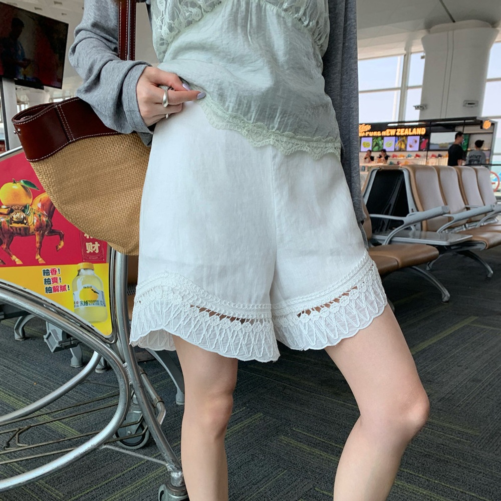 밑단레이스포인트 린넨 5부반바지 와이드 루즈핏 포인트 예쁜 디자인 화이트 - 상품 이미지