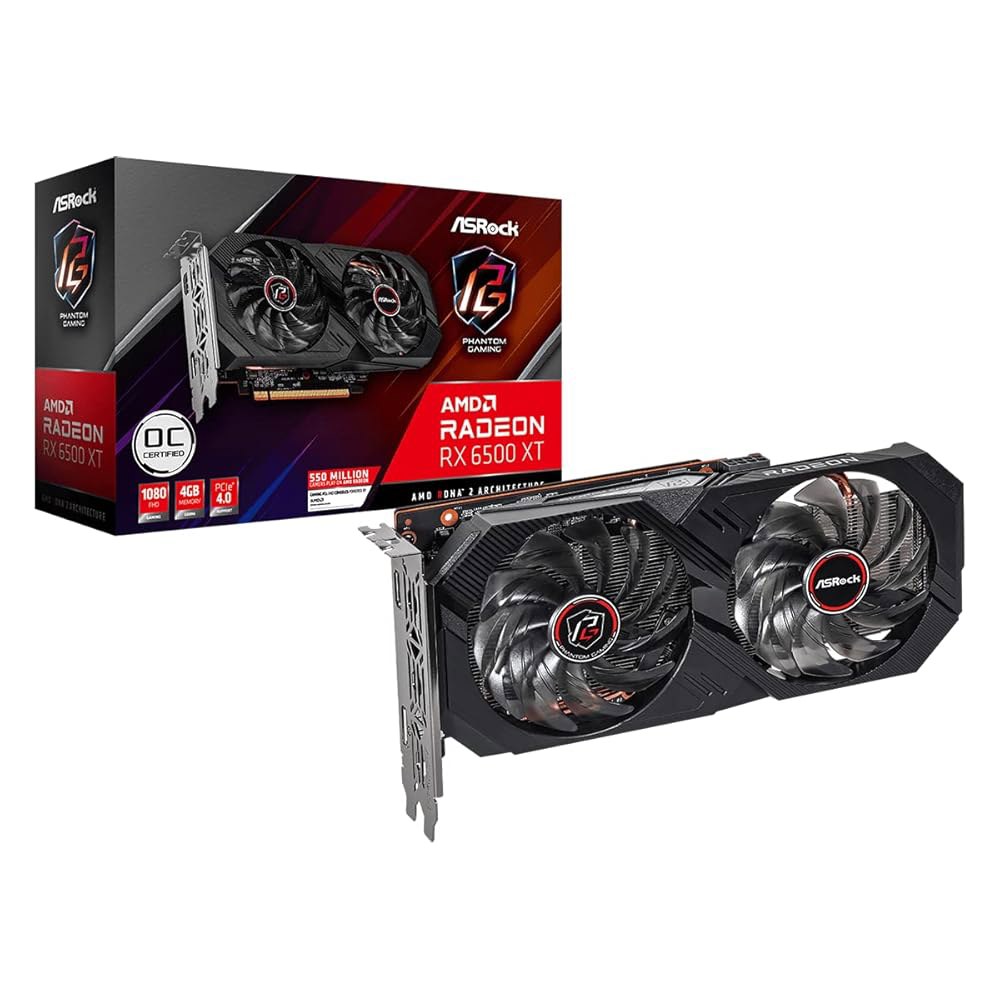 ASRock AMD 라데온 RX 6500 XT 팬텀 게이밍 D 4GB OC GDDR6 0dB 사일런트 쿨링 18Gbps 64비트 7680 x 4320 그래픽 카드 듀얼 팬 HDMI - 상품 이미지